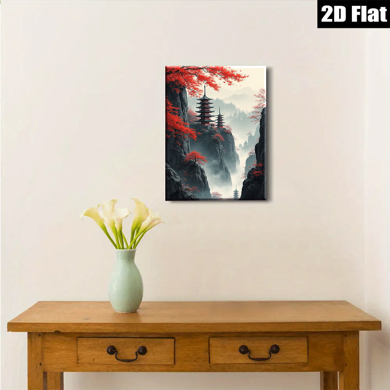 2D flat 1pc Majestic Asian Pagoda Canyon Vista Wall Art Living Room Bedroom Home Decor Modern Farmhouse Gallery Wrapped Canvas Prints Ready To Hang