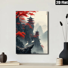 2D flat 1pc Majestic Asian Pagoda Cranes Landscape Wall Art Decor Living Room Bedroom Home Office Canvas Prints Gallery Wrapped Modern Farmhouse Style