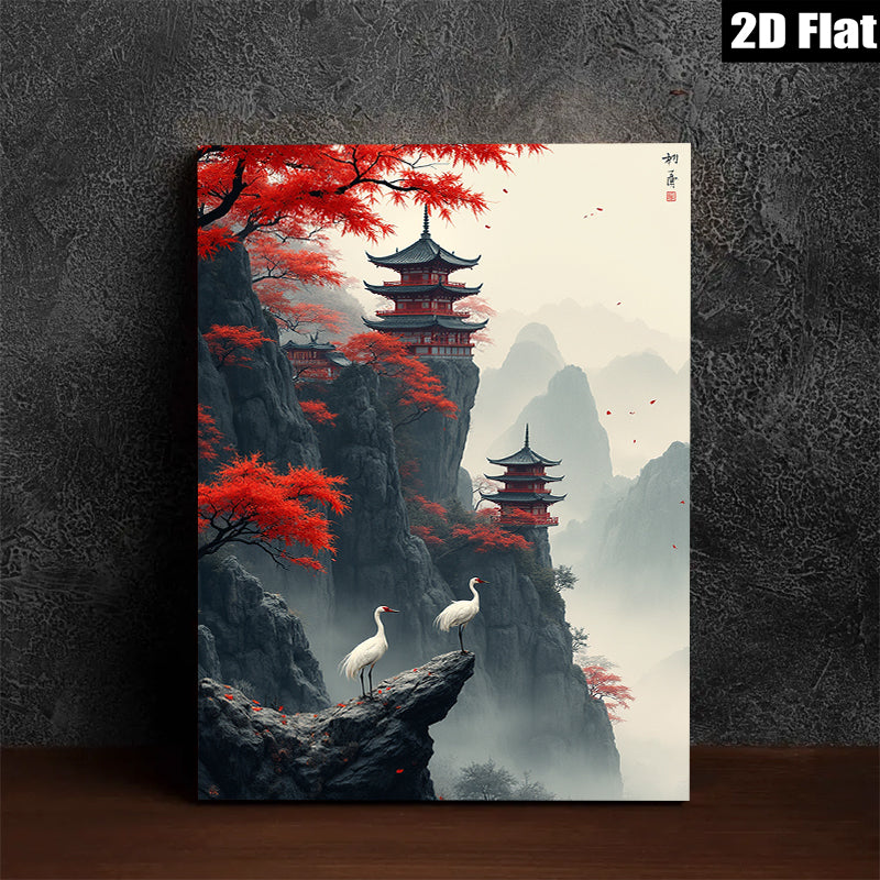 2D flat 1pc Majestic Asian Pagoda Cranes Landscape Wall Art Decor Living Room Bedroom Home Office Canvas Prints Gallery Wrapped Modern Farmhouse Style