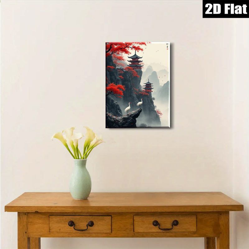 2D flat 1pc Majestic Asian Pagoda Cranes Landscape Wall Art Decor Living Room Bedroom Home Office Canvas Prints Gallery Wrapped Modern Farmhouse Style
