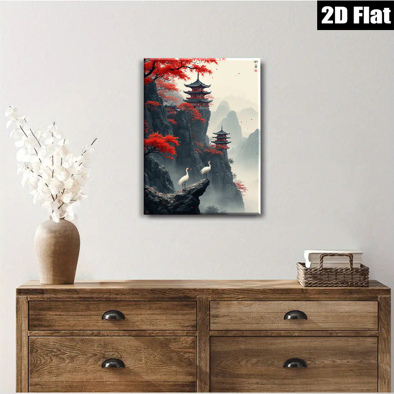 2D flat 1pc Majestic Asian Pagoda Cranes Landscape Wall Art Decor Living Room Bedroom Home Office Canvas Prints Gallery Wrapped Modern Farmhouse Style