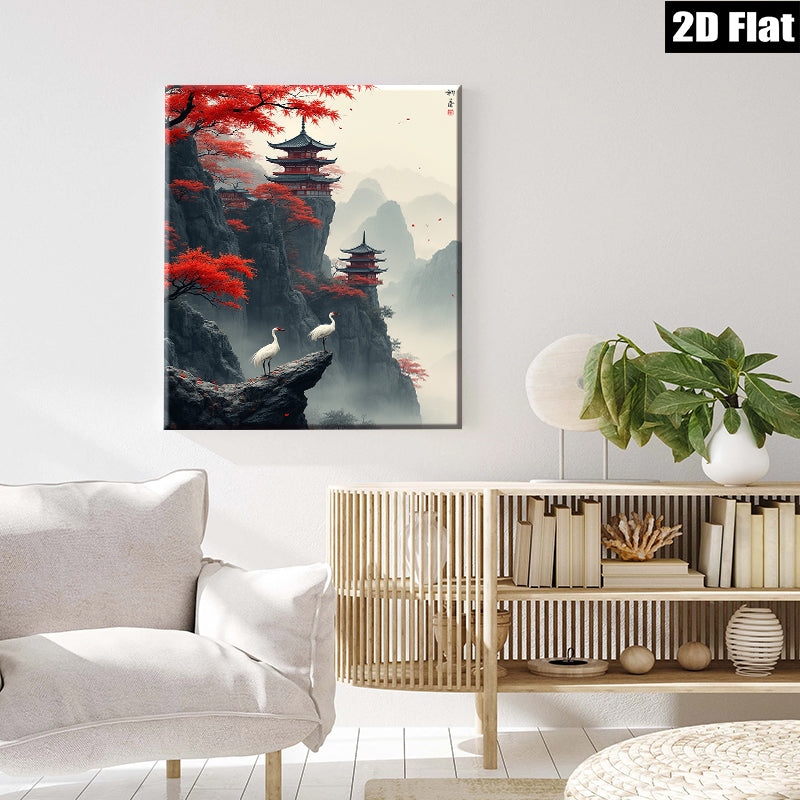 2D flat 1pc Majestic Asian Pagoda Cranes Landscape Wall Art Decor Living Room Bedroom Home Office Canvas Prints Gallery Wrapped Modern Farmhouse Style
