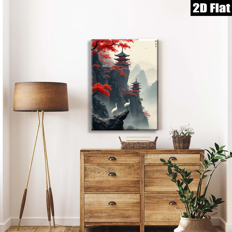 2D flat 1pc Majestic Asian Pagoda Cranes Landscape Wall Art Decor Living Room Bedroom Home Office Canvas Prints Gallery Wrapped Modern Farmhouse Style