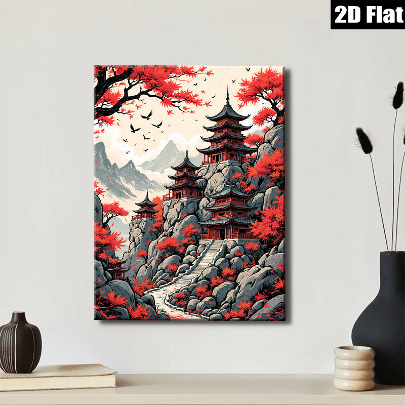 2D flat 1pc Majestic Asian Pagoda Landscape Wall Art Canvas Prints for Living Room Bedroom Home Decor Farmhouse Style Gallery Wrapped Ready to Hang