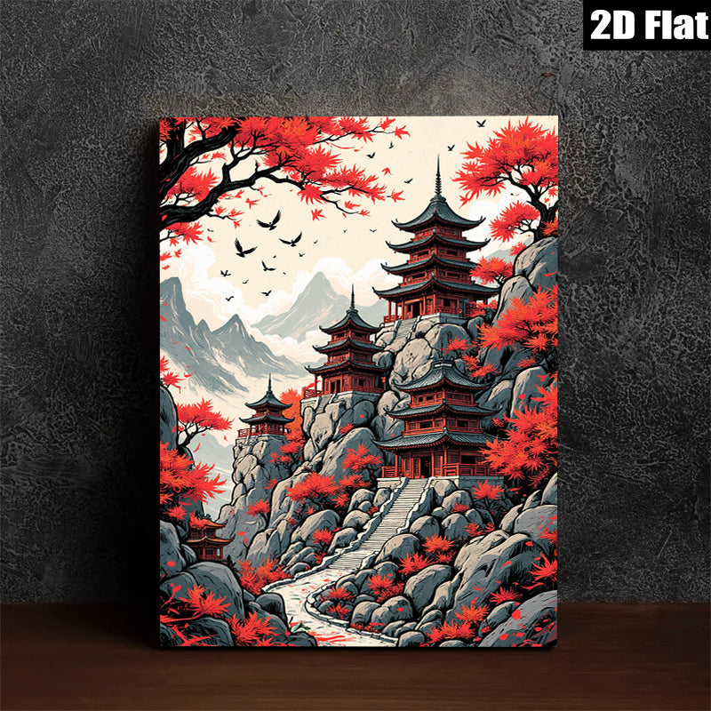 2D flat 1pc Majestic Asian Pagoda Landscape Wall Art Canvas Prints for Living Room Bedroom Home Decor Farmhouse Style Gallery Wrapped Ready to Hang