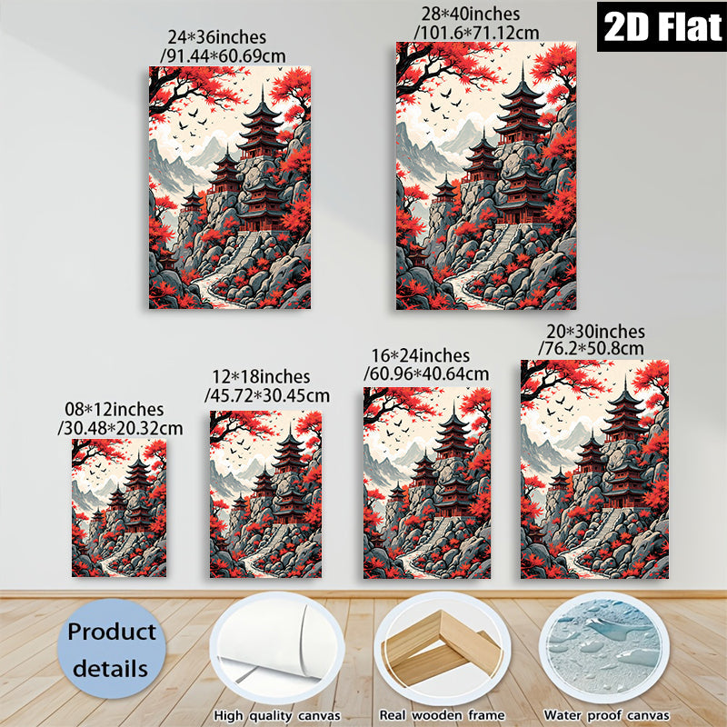 2D flat 1pc Majestic Asian Pagoda Landscape Wall Art Canvas Prints for Living Room Bedroom Home Decor Farmhouse Style Gallery Wrapped Ready to Hang