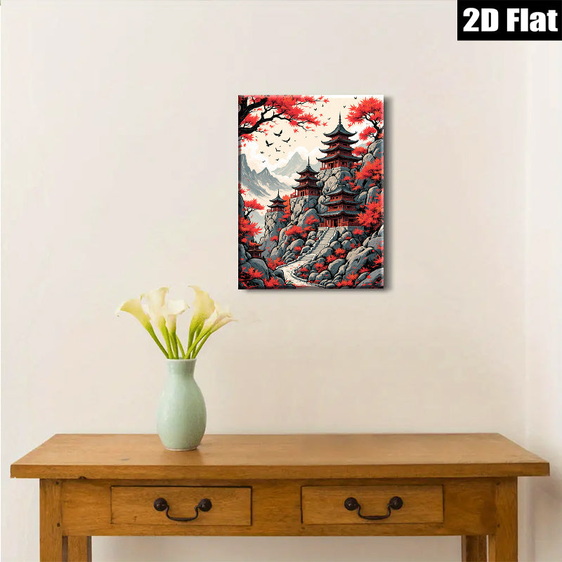 2D flat 1pc Majestic Asian Pagoda Landscape Wall Art Canvas Prints for Living Room Bedroom Home Decor Farmhouse Style Gallery Wrapped Ready to Hang