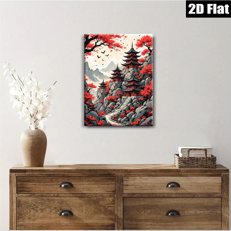 2D flat 1pc Majestic Asian Pagoda Landscape Wall Art Canvas Prints for Living Room Bedroom Home Decor Farmhouse Style Gallery Wrapped Ready to Hang