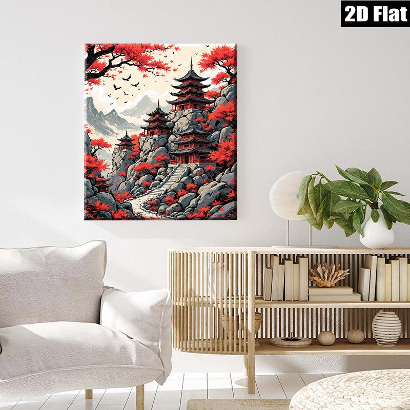 2D flat 1pc Majestic Asian Pagoda Landscape Wall Art Canvas Prints for Living Room Bedroom Home Decor Farmhouse Style Gallery Wrapped Ready to Hang