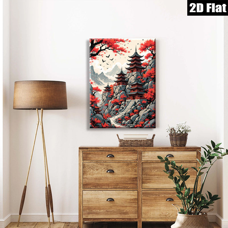 2D flat 1pc Majestic Asian Pagoda Landscape Wall Art Canvas Prints for Living Room Bedroom Home Decor Farmhouse Style Gallery Wrapped Ready to Hang