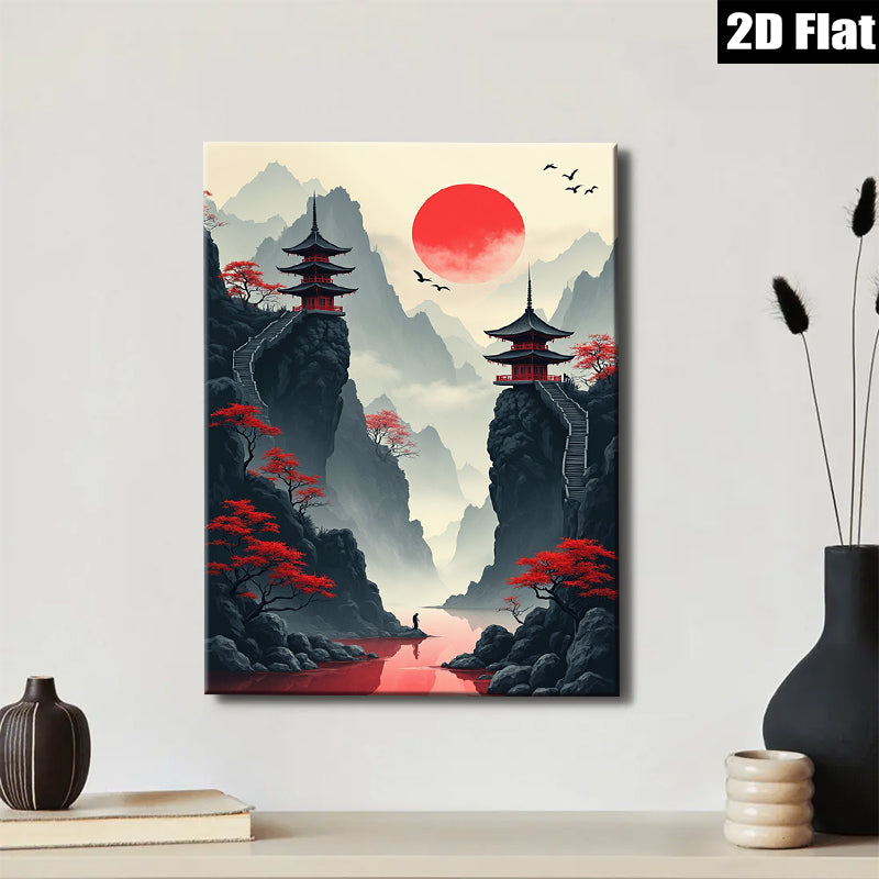 2D flat 1pc Majestic Asian Pagoda Landscape Wall Art for Living Room Bedroom Home Decor Modern Farmhouse Gallery Wrapped Canvas Prints