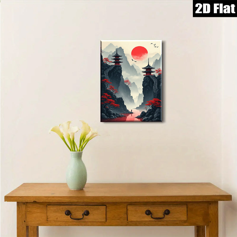 2D flat 1pc Majestic Asian Pagoda Landscape Wall Art for Living Room Bedroom Home Decor Modern Farmhouse Gallery Wrapped Canvas Prints