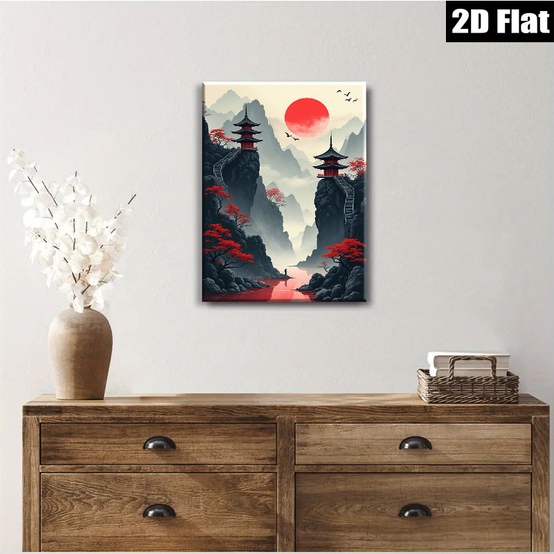 2D flat 1pc Majestic Asian Pagoda Landscape Wall Art for Living Room Bedroom Home Decor Modern Farmhouse Gallery Wrapped Canvas Prints