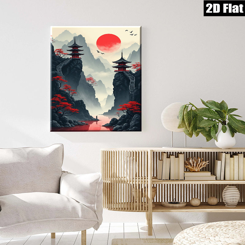 2D flat 1pc Majestic Asian Pagoda Landscape Wall Art for Living Room Bedroom Home Decor Modern Farmhouse Gallery Wrapped Canvas Prints