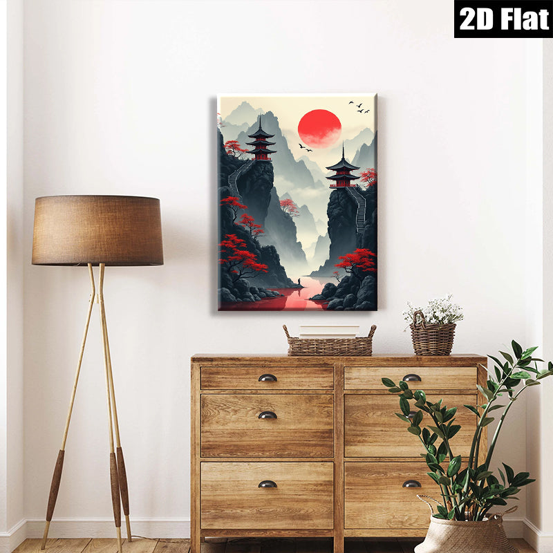 2D flat 1pc Majestic Asian Pagoda Landscape Wall Art for Living Room Bedroom Home Decor Modern Farmhouse Gallery Wrapped Canvas Prints