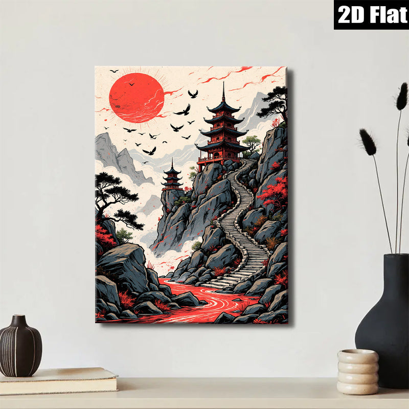 2D flat 1pc Majestic Asian Pagoda Scenic Landscape Wall Art Canvas Prints for Living Room Bedroom Home Decor Modern Farmhouse Style