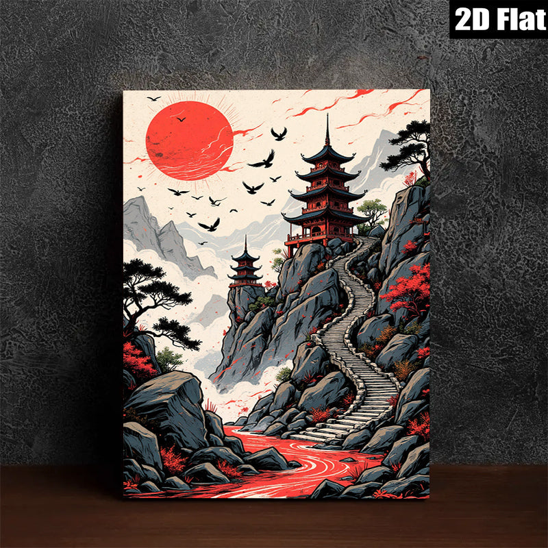 2D flat 1pc Majestic Asian Pagoda Scenic Landscape Wall Art Canvas Prints for Living Room Bedroom Home Decor Modern Farmhouse Style