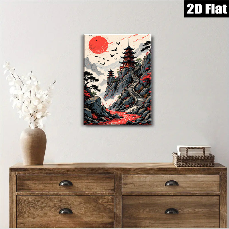 2D flat 1pc Majestic Asian Pagoda Scenic Landscape Wall Art Canvas Prints for Living Room Bedroom Home Decor Modern Farmhouse Style