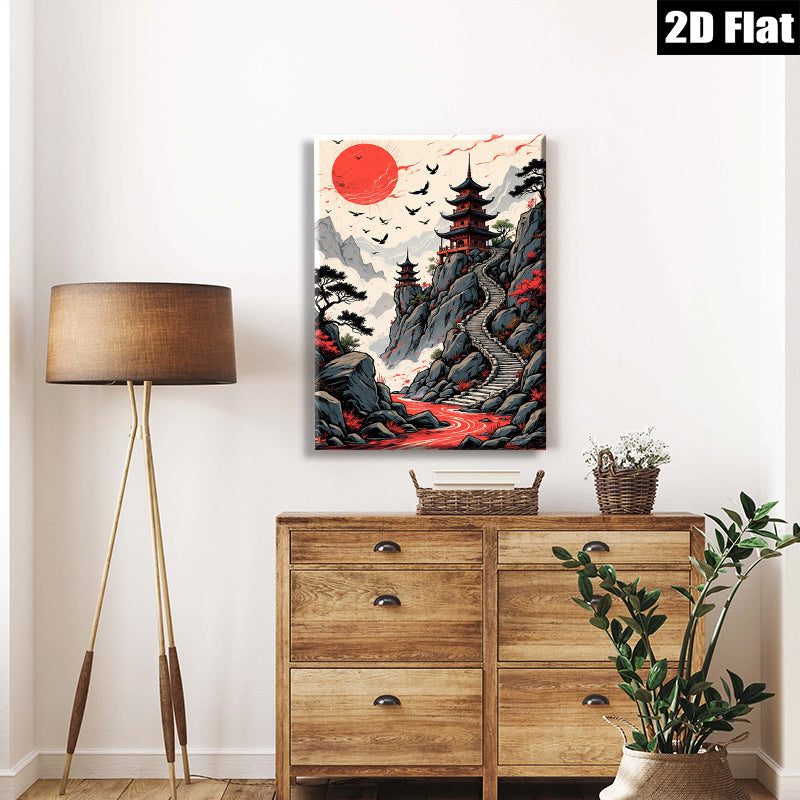 2D flat 1pc Majestic Asian Pagoda Scenic Landscape Wall Art Canvas Prints for Living Room Bedroom Home Decor Modern Farmhouse Style