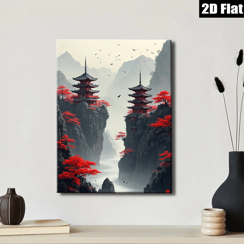 2D flat 1pc Majestic Asian Pagodas Scenic Landscape Wall Art Home Decor Living Room Bedroom Modern Farmhouse Gallery Wrapped Canvas Prints Ready To Hang