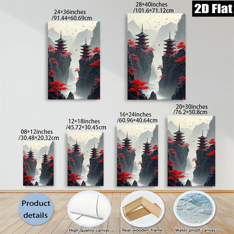 2D flat 1pc Majestic Asian Pagodas Scenic Landscape Wall Art Home Decor Living Room Bedroom Modern Farmhouse Gallery Wrapped Canvas Prints Ready To Hang