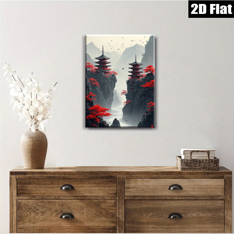 2D flat 1pc Majestic Asian Pagodas Scenic Landscape Wall Art Home Decor Living Room Bedroom Modern Farmhouse Gallery Wrapped Canvas Prints Ready To Hang