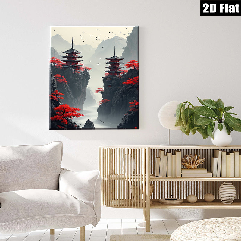 2D flat 1pc Majestic Asian Pagodas Scenic Landscape Wall Art Home Decor Living Room Bedroom Modern Farmhouse Gallery Wrapped Canvas Prints Ready To Hang