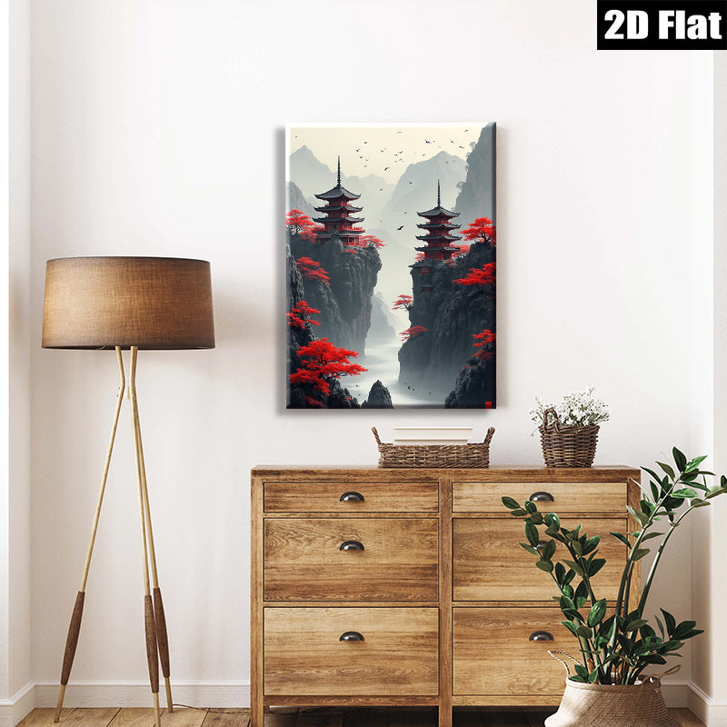 2D flat 1pc Majestic Asian Pagodas Scenic Landscape Wall Art Home Decor Living Room Bedroom Modern Farmhouse Gallery Wrapped Canvas Prints Ready To Hang