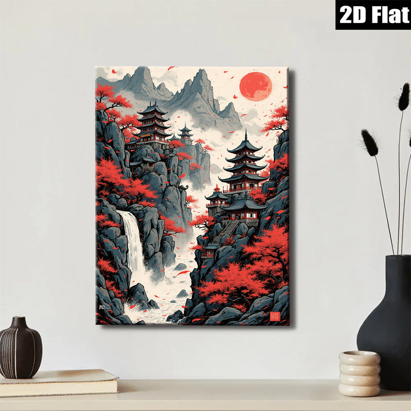 2D flat 1pc Majestic Asian Waterfall Pagoda Landscape Wall Art Canvas Prints for Living Room Bedroom Home Decor Modern Farmhouse Style Gallery Wrapped Ready to Hang