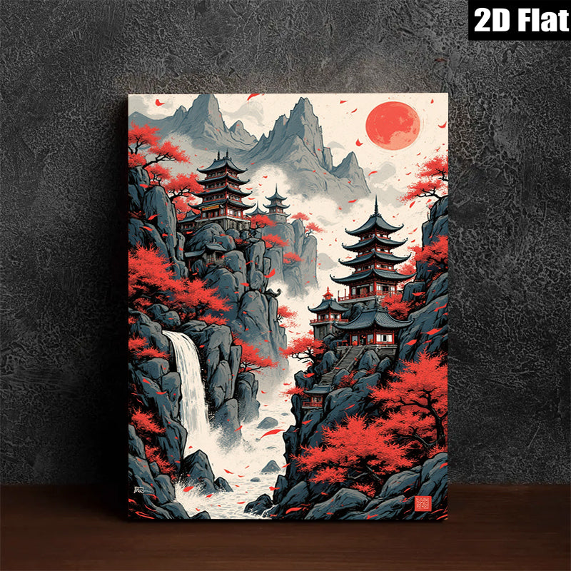 2D flat 1pc Majestic Asian Waterfall Pagoda Landscape Wall Art Canvas Prints for Living Room Bedroom Home Decor Modern Farmhouse Style Gallery Wrapped Ready to Hang