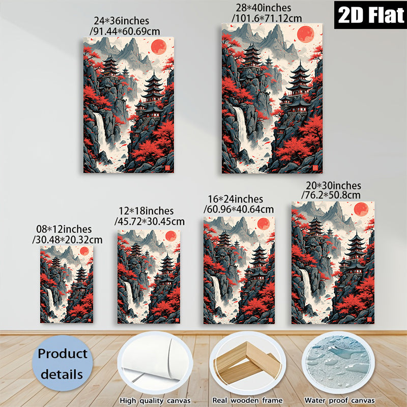 2D flat 1pc Majestic Asian Waterfall Pagoda Landscape Wall Art Canvas Prints for Living Room Bedroom Home Decor Modern Farmhouse Style Gallery Wrapped Ready to Hang