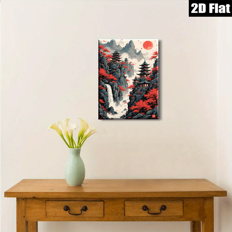 2D flat 1pc Majestic Asian Waterfall Pagoda Landscape Wall Art Canvas Prints for Living Room Bedroom Home Decor Modern Farmhouse Style Gallery Wrapped Ready to Hang