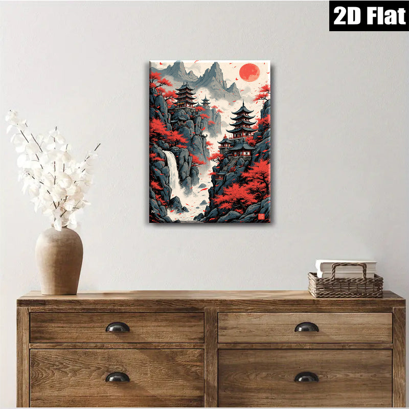 2D flat 1pc Majestic Asian Waterfall Pagoda Landscape Wall Art Canvas Prints for Living Room Bedroom Home Decor Modern Farmhouse Style Gallery Wrapped Ready to Hang