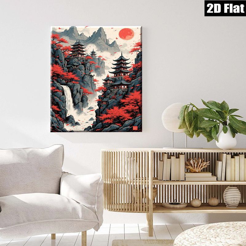 2D flat 1pc Majestic Asian Waterfall Pagoda Landscape Wall Art Canvas Prints for Living Room Bedroom Home Decor Modern Farmhouse Style Gallery Wrapped Ready to Hang