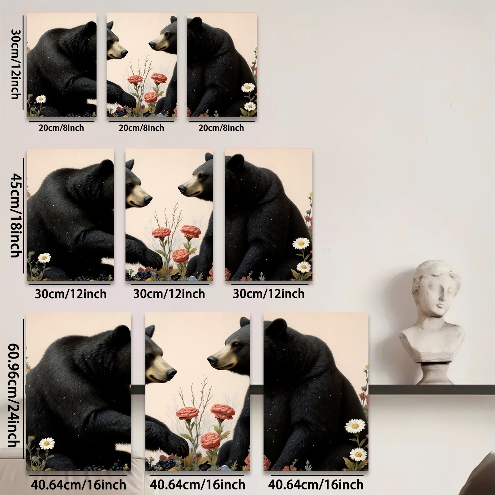 2D flat 1pc Majestic Black Bears Bloom Wildflowers Rustic Lodge Wall Art Home Decor Living Room Bedroom Gallery Wrapped Canvas Prints Modern Farmhouse Style