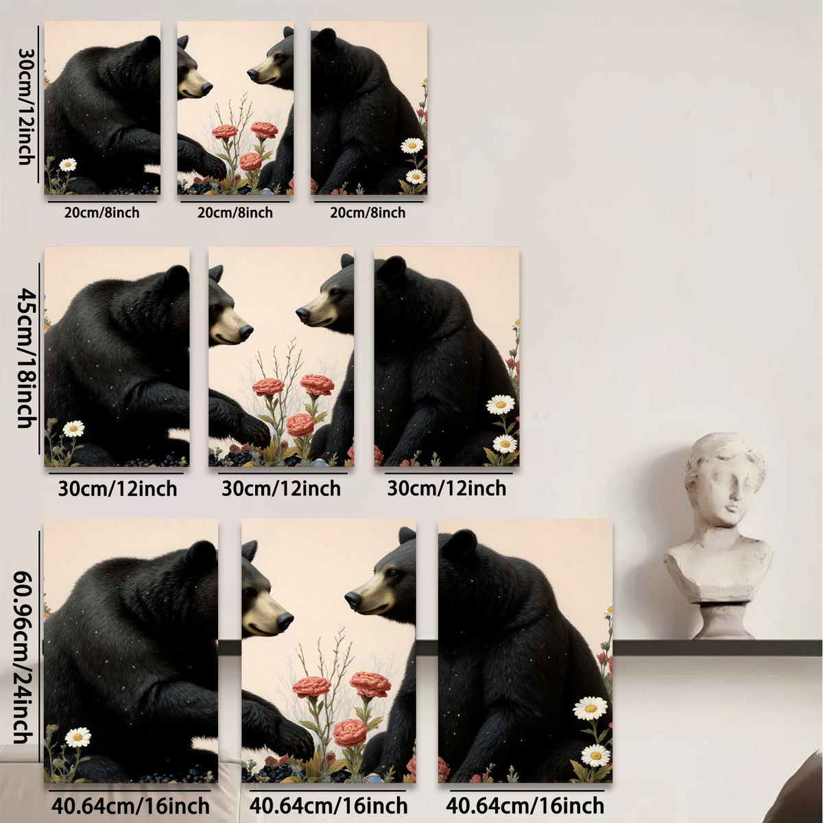2D flat 1pc Majestic Black Bears Bloom Wildflowers Rustic Lodge Wall Art Home Decor Living Room Bedroom Gallery Wrapped Canvas Prints Modern Farmhouse Style