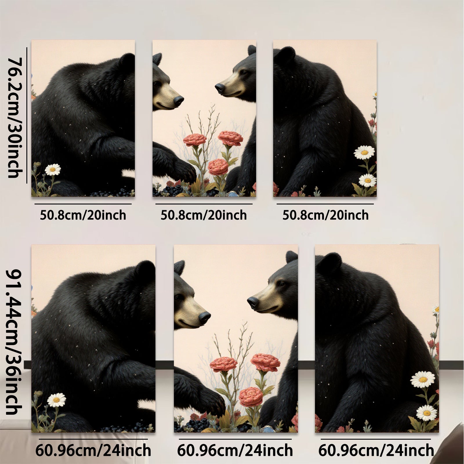 2D flat 1pc Majestic Black Bears Bloom Wildflowers Rustic Lodge Wall Art Home Decor Living Room Bedroom Gallery Wrapped Canvas Prints Modern Farmhouse Style