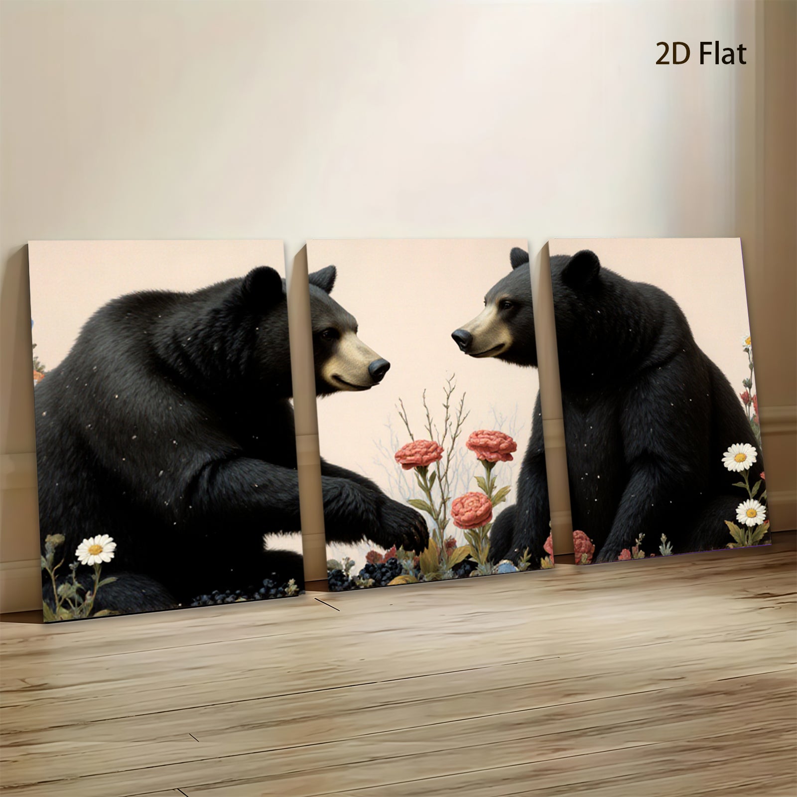 2D flat 1pc Majestic Black Bears Bloom Wildflowers Rustic Lodge Wall Art Home Decor Living Room Bedroom Gallery Wrapped Canvas Prints Modern Farmhouse Style