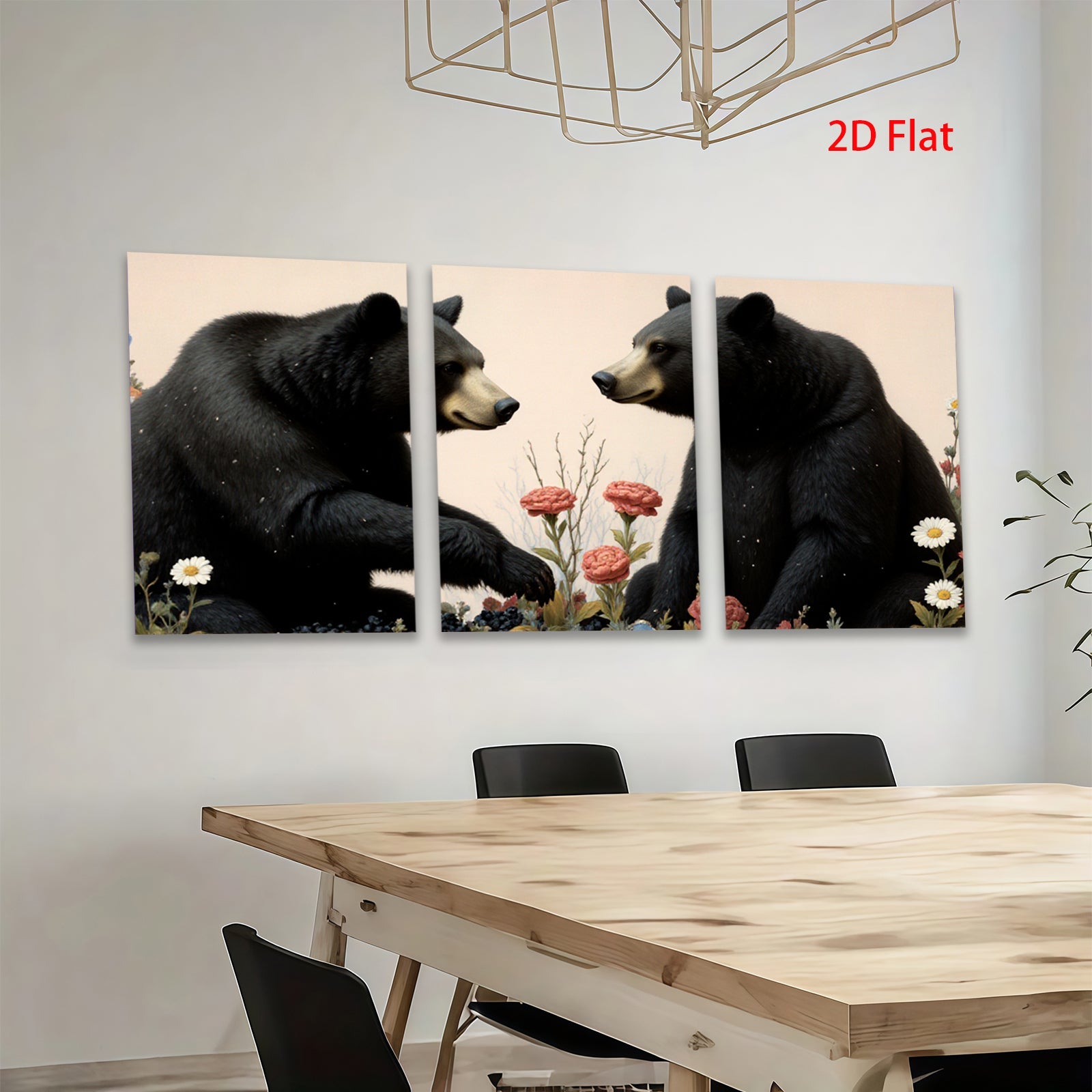2D flat 1pc Majestic Black Bears Bloom Wildflowers Rustic Lodge Wall Art Home Decor Living Room Bedroom Gallery Wrapped Canvas Prints Modern Farmhouse Style