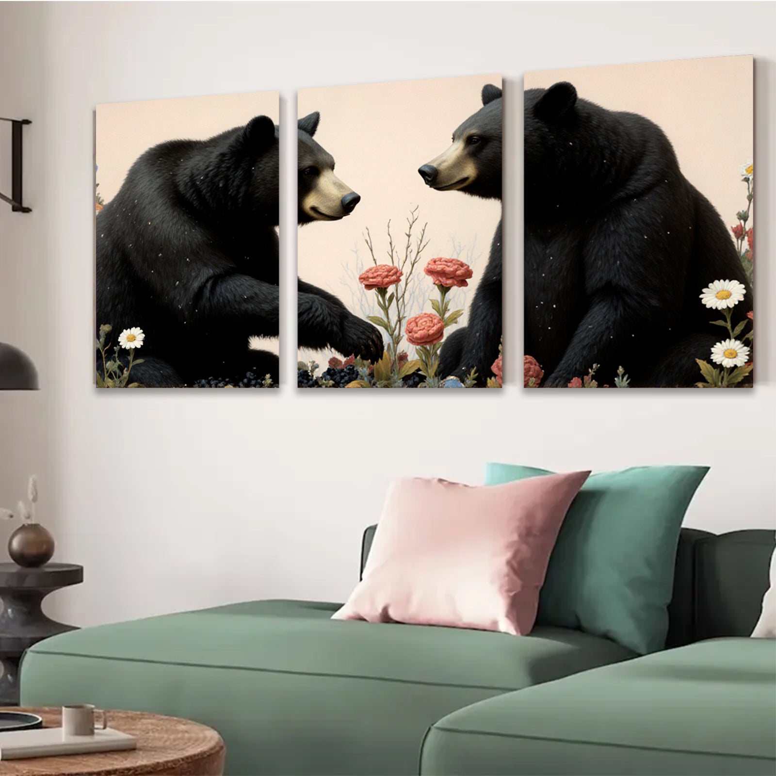 2D flat 1pc Majestic Black Bears Bloom Wildflowers Rustic Lodge Wall Art Home Decor Living Room Bedroom Gallery Wrapped Canvas Prints Modern Farmhouse Style