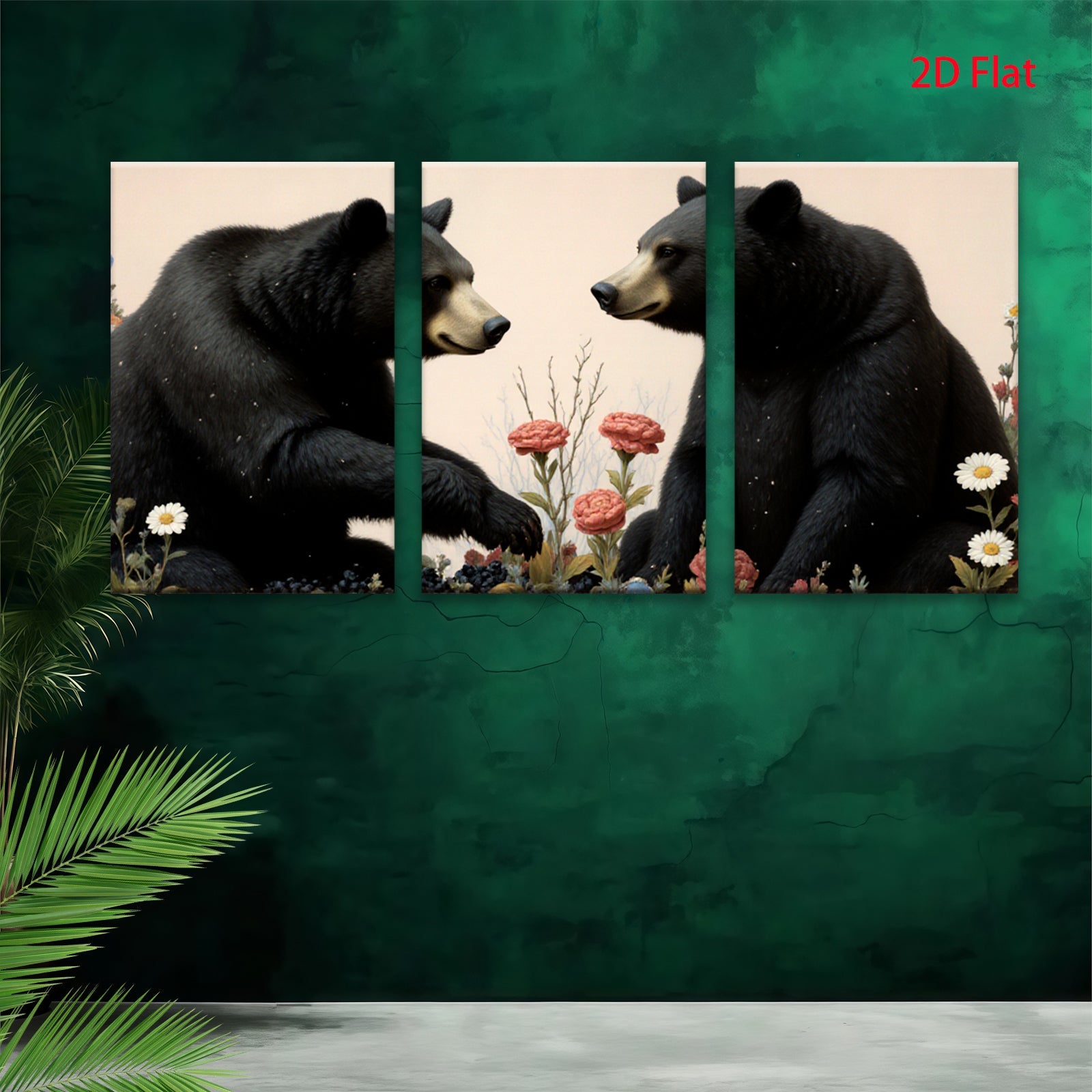 2D flat 1pc Majestic Black Bears Bloom Wildflowers Rustic Lodge Wall Art Home Decor Living Room Bedroom Gallery Wrapped Canvas Prints Modern Farmhouse Style