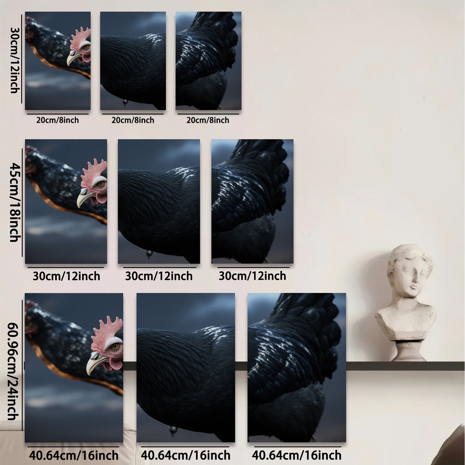 2D flat 1pc Majestic Black Rooster Farm Animal Portrait Wall Decor Living Room Bedroom Canvas Art Prints Modern Rustic Farmhouse Style Gallery Wrapped Timeless Aesthetic