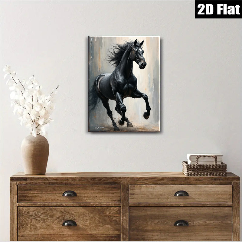 2D flat 1pc Majestic Black Stallion Running Powerful Horse Wall Art Decor for Living Room Bedroom Gallery Wrapped Canvas Prints Modern Farmhouse Rustic Style