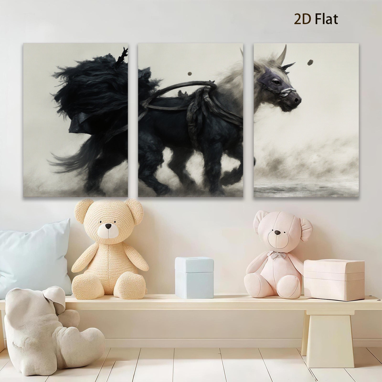 2D flat 1pc Majestic Black Steed Running Wild Horse Art Canvas Wall Decor for Living Room Bedroom Home Office Gallery Wrapped Modern Farmhouse Style
