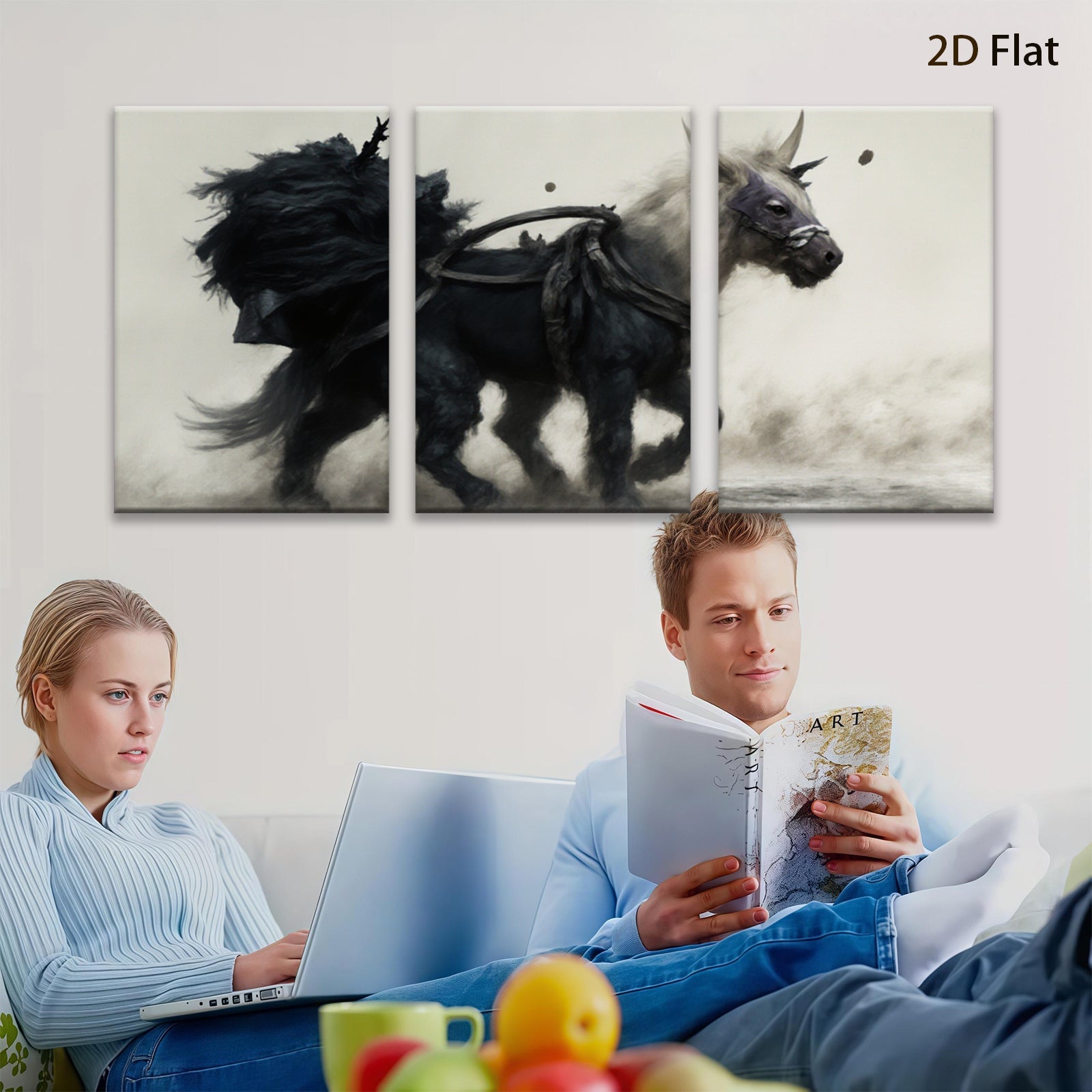 2D flat 1pc Majestic Black Steed Running Wild Horse Art Canvas Wall Decor for Living Room Bedroom Home Office Gallery Wrapped Modern Farmhouse Style