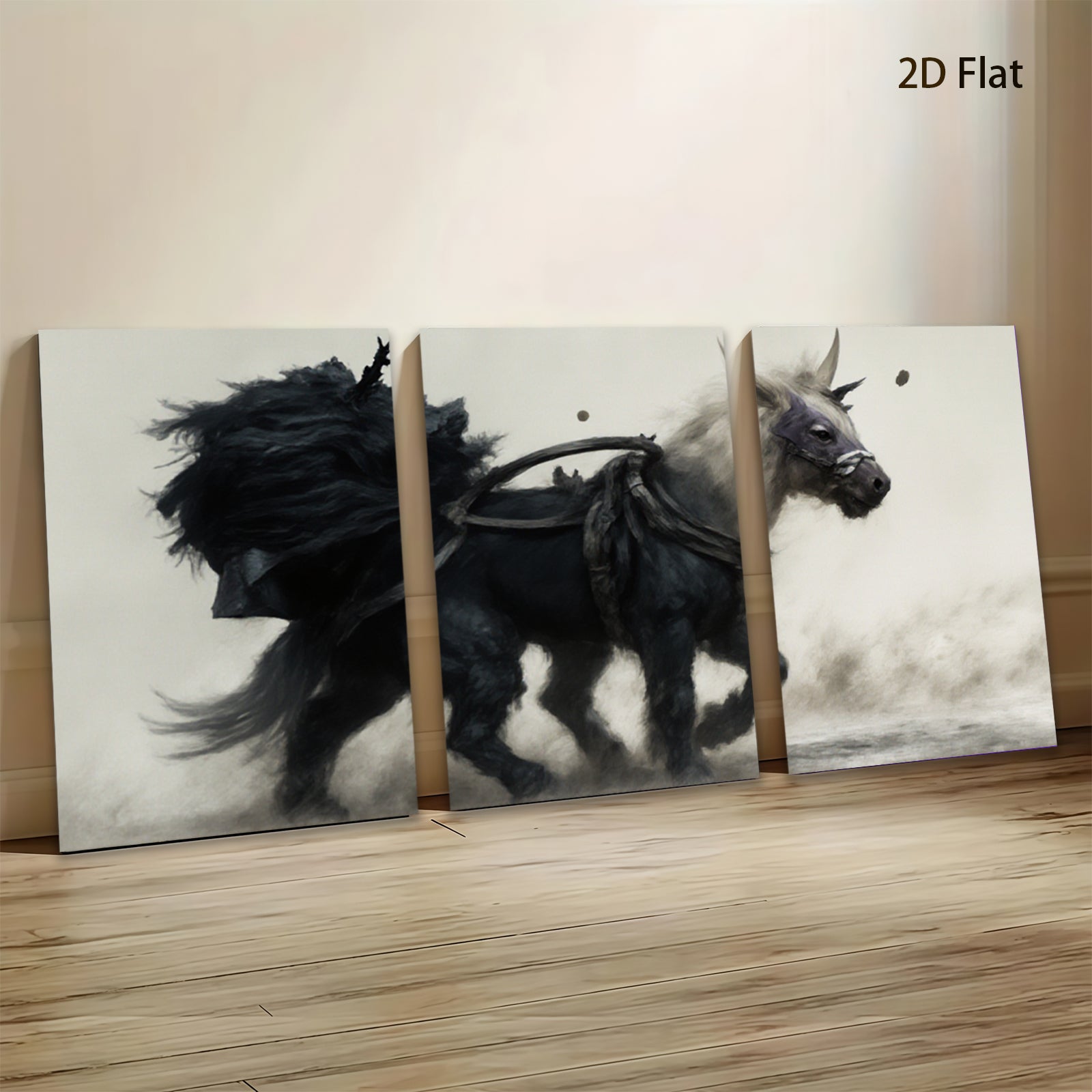 2D flat 1pc Majestic Black Steed Running Wild Horse Art Canvas Wall Decor for Living Room Bedroom Home Office Gallery Wrapped Modern Farmhouse Style
