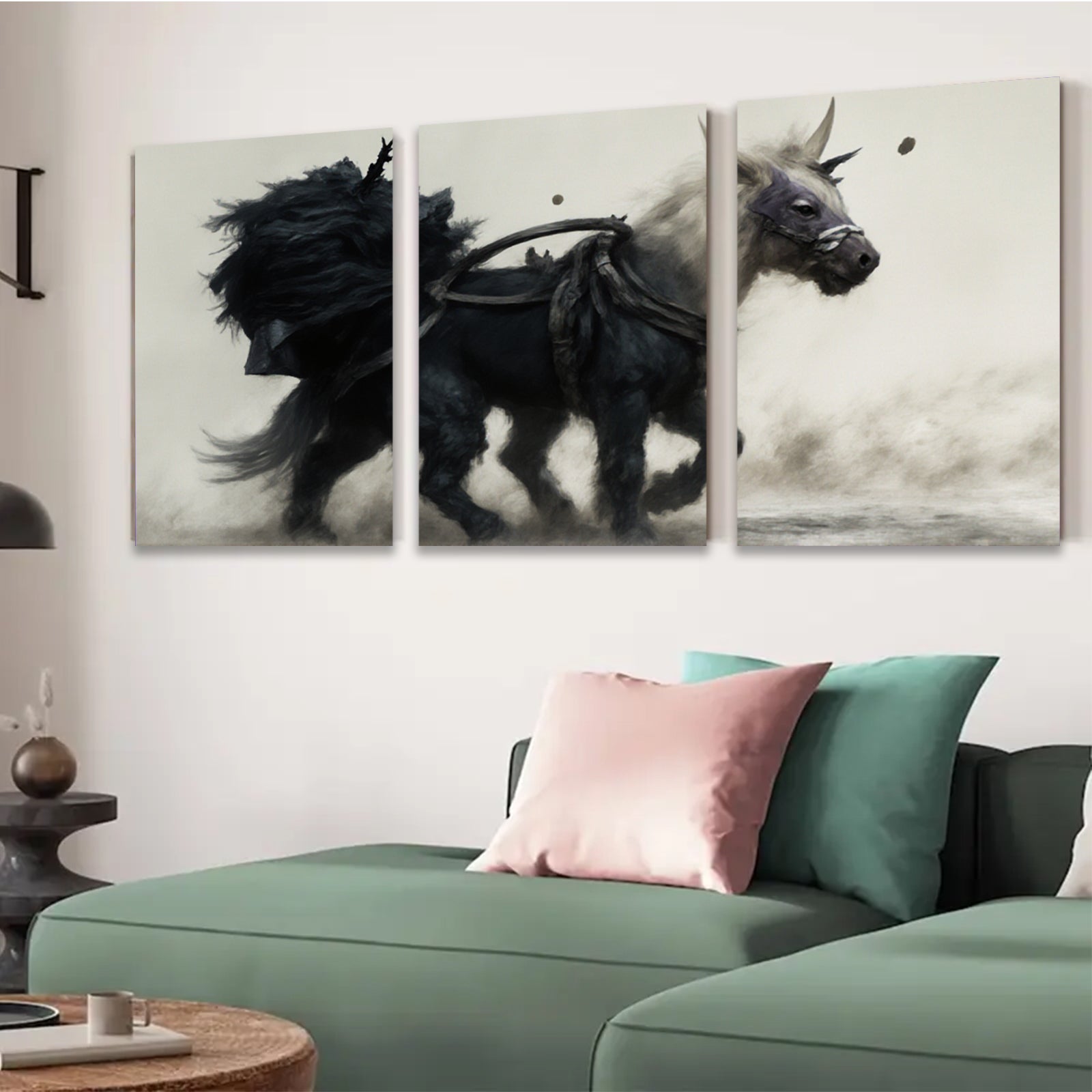 2D flat 1pc Majestic Black Steed Running Wild Horse Art Canvas Wall Decor for Living Room Bedroom Home Office Gallery Wrapped Modern Farmhouse Style