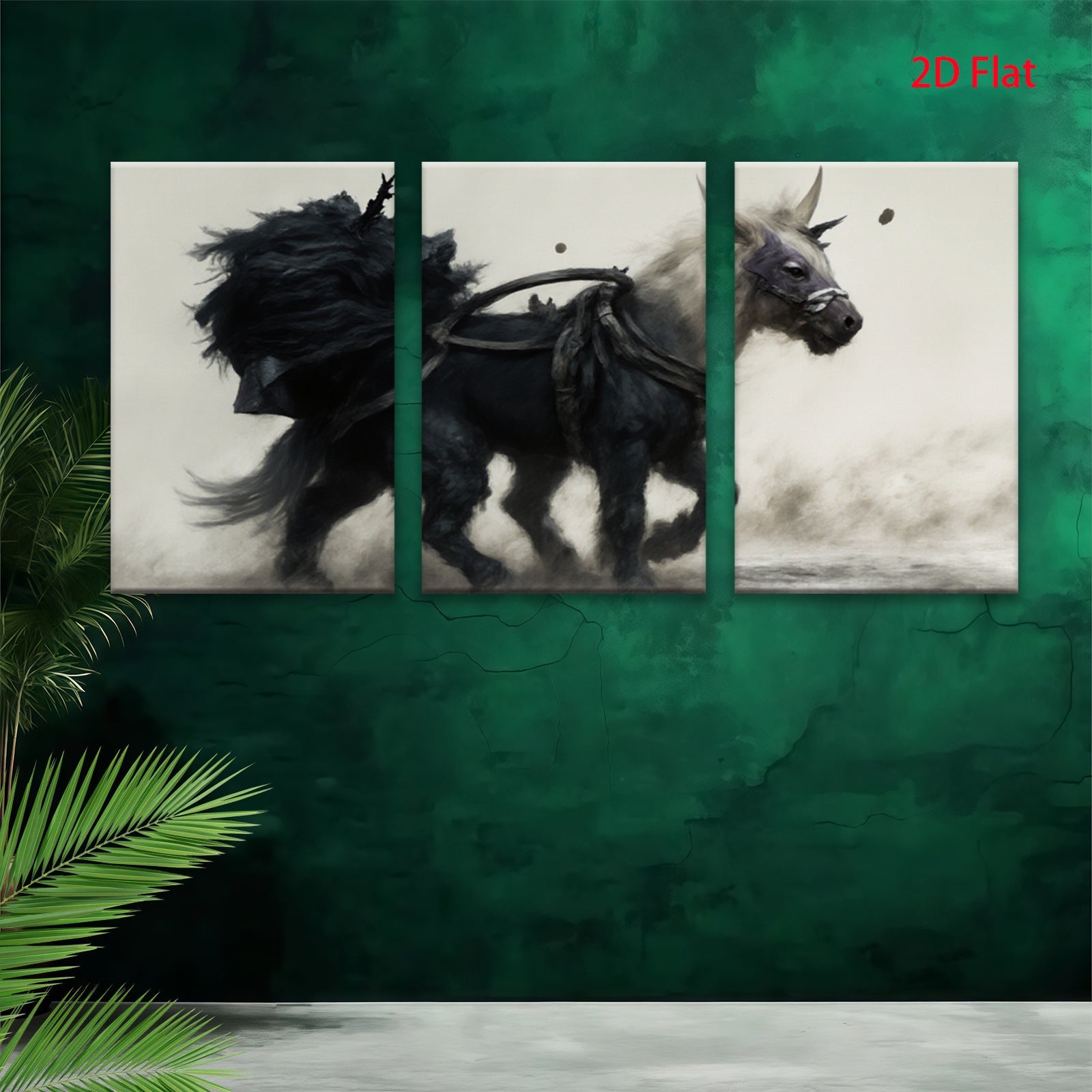 2D flat 1pc Majestic Black Steed Running Wild Horse Art Canvas Wall Decor for Living Room Bedroom Home Office Gallery Wrapped Modern Farmhouse Style