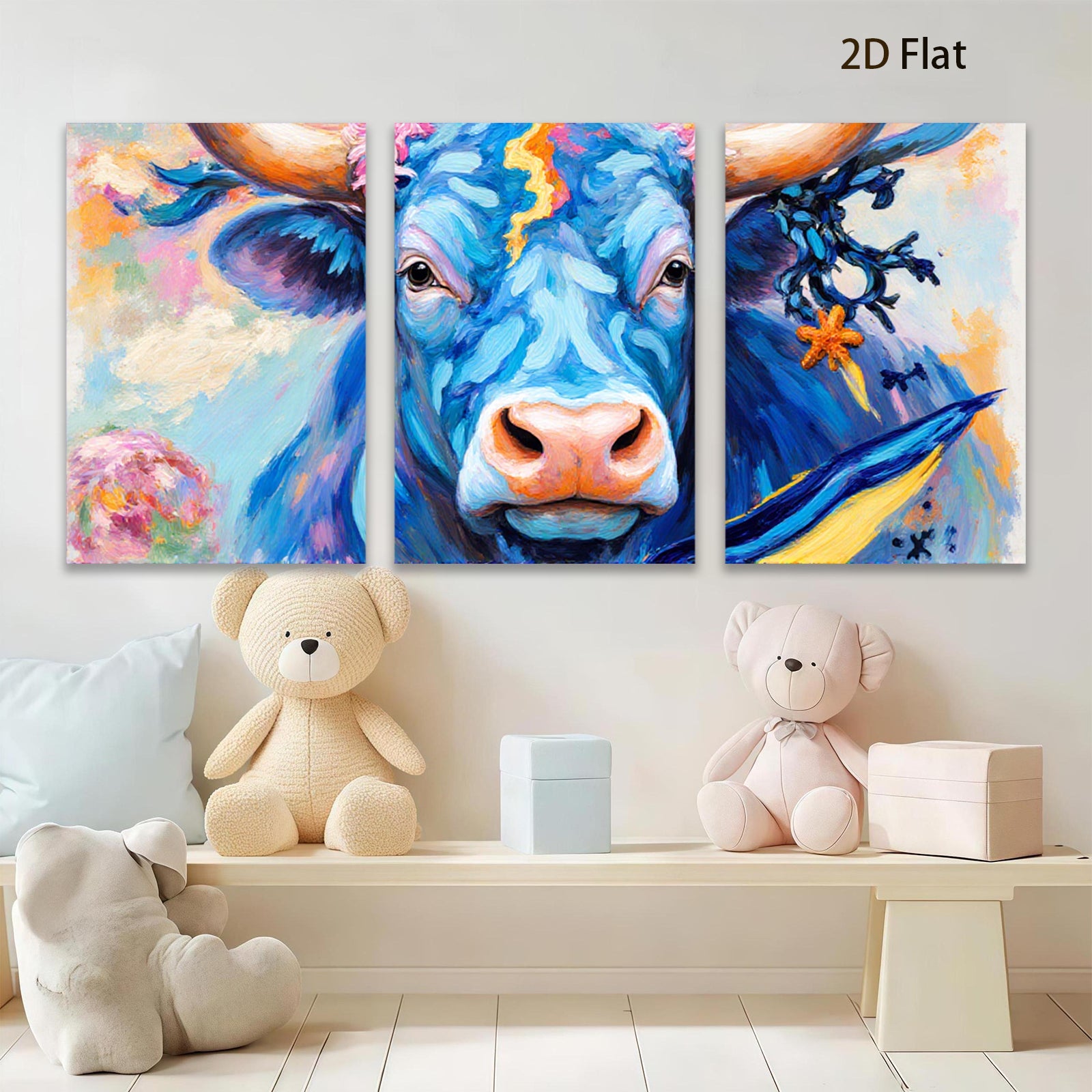 2D flat 1pc Majestic Blue Bull Portrait Farm Animal Wall Art Canvas Prints for Living Room Bedroom Decor Modern Farmhouse Style Gallery Wrapped Timeless