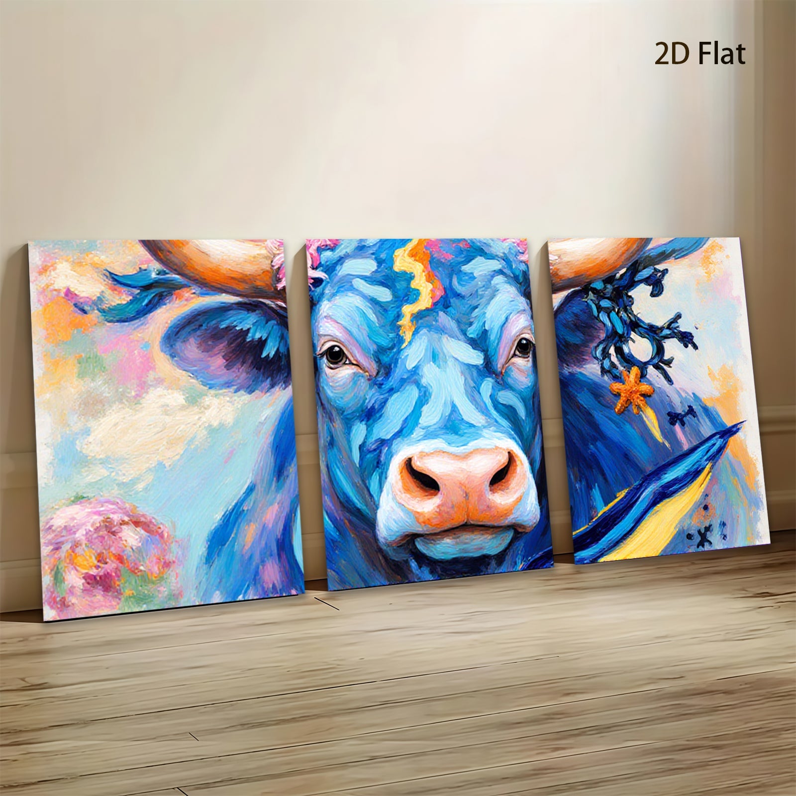 2D flat 1pc Majestic Blue Bull Portrait Farm Animal Wall Art Canvas Prints for Living Room Bedroom Decor Modern Farmhouse Style Gallery Wrapped Timeless